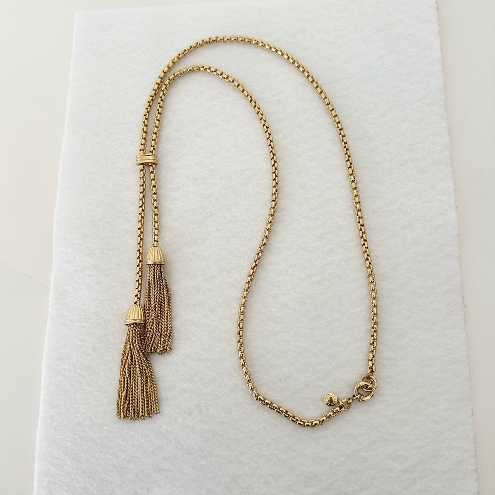 J.Crew Gold Tone Tassel Lariat Necklace Long Box Chain Two Tassels Statement